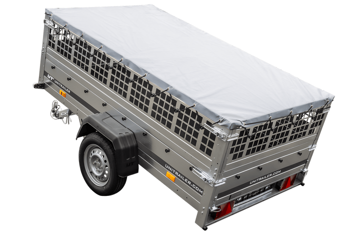 Rimorchio monoasse 230x125 UNITRAILER GARDEN 230 KIPP con sponde in rete, telaio H-0 e copertura grigia