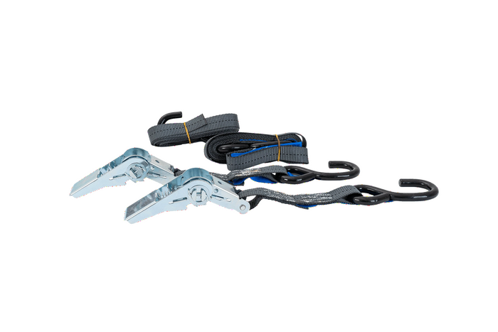 Set di due cinghie di trasporto HILLS da 3 m/25 mm/1 t con tenditore e due imbracature da 0,45 m per fissare la motocicletta.