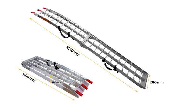 UNITRAILER ALR002 rampe pieghevoli in alluminio per rimorchi, 221 cm, portata 680 kg, con cinghia, set da 2