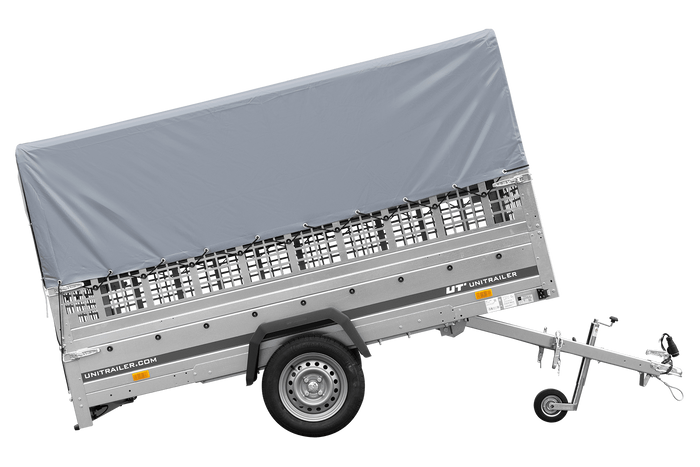 RIMORCHIO TRASPORTO COSE RIMORCHIO LEGGERO 750 KG UNITRAILER GARDEN TRAILER 264 KIPP CON SOVRASPONDE A RETE RUOTINO CENTINA E TELO GRIGIO