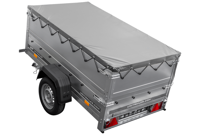 Rimorchio carrello leggero senza freni trasporto cose 750 kg Unitrailer Garden Trailer 200 kipp (new) con ruotino sovrasponde e telo grigio