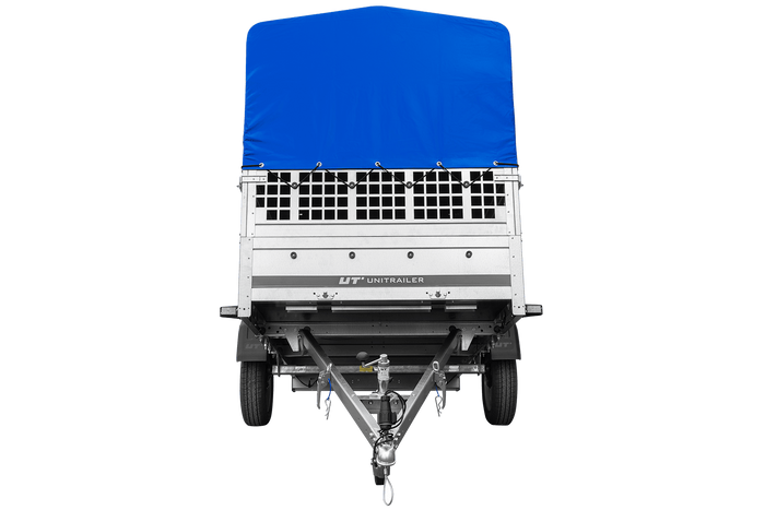 RIMORCHIO DA GIARDINO 264 KIPP CON RUOTA DI SOSTEGNO, SPONDE IN RETE, TELAIO H-800 E COPERTURA BLU