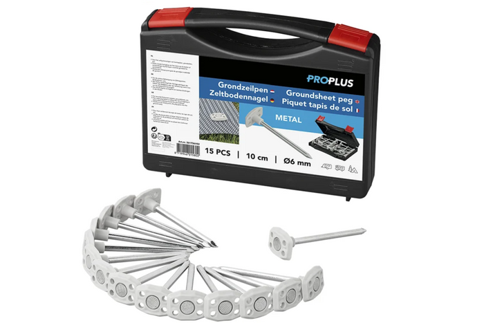 Set di picchetti per tenda ProPlus 361736V02, picchetti in metallo in scatola, 15 pezzi.