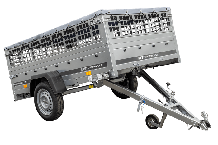 Rimorchio monoasse 230x125 UNITRAILER GARDEN 230 KIPP con sponde in rete, telaio H-0 e copertura grigia