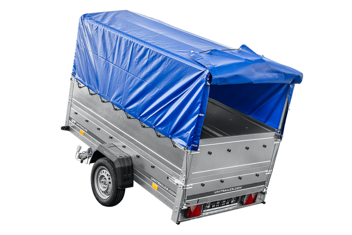 Rimorchio leggero 230x125 UNITRAILER GARDEN 230 KIPP con sponde BIS, telaio H-800 e telo di copertura blu