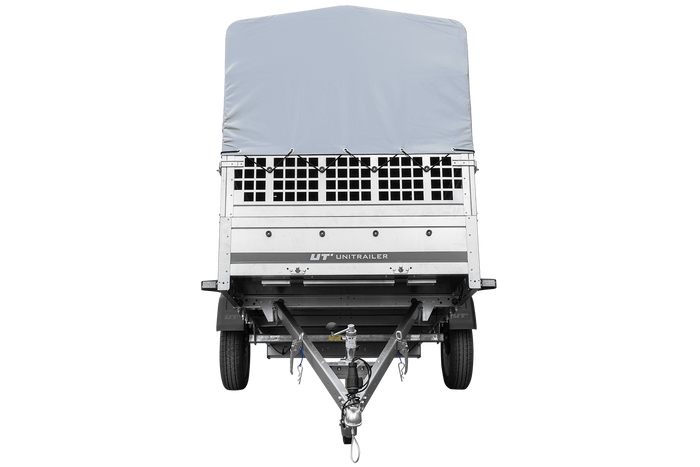 RIMORCHIO TRASPORTO COSE RIMORCHIO LEGGERO 750 KG UNITRAILER GARDEN TRAILER 264 KIPP CON SOVRASPONDE A RETE RUOTINO CENTINA E TELO GRIGIO