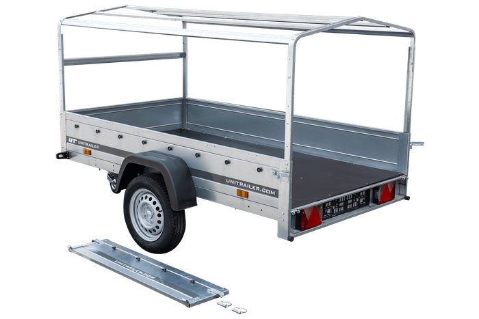 Rimorchio leggero 230x125 UNITRAILER GARDEN 230 KIPP con telaio H-800 e telo di copertura blu