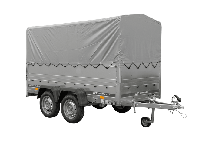 Rimorchio per auto a 2 assi UNITRAILER GARDEN TRAILER 264/2 KIPP con ruota di supporto, sponde bis, telaio h-800 e telo grigio