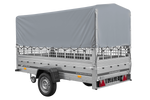 RIMORCHIO TRASPORTO COSE RIMORCHIO LEGGERO 750 KG UNITRAILER GARDEN TRAILER 264 KIPP CON SOVRASPONDE A RETE RUOTINO CENTINA E TELO GRIGIO