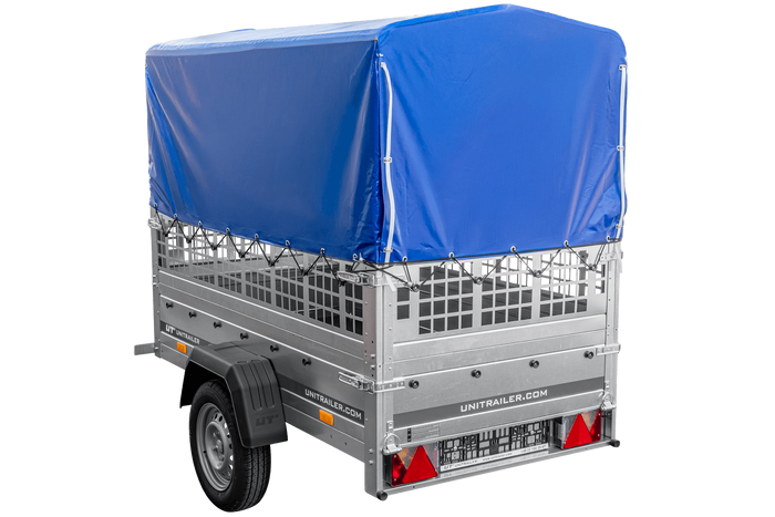 Rimorchio leggero 200x106 UNITRAILER GARDEN 200 KIPP con sponde in rete, telaio H-800 e telo di copertura blu