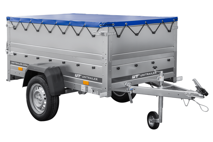 Rimorchio per auto 200x106 UNITRAILER GARDEN 200 KIPP con sponde BIS, telaio H-0 e copertura blu