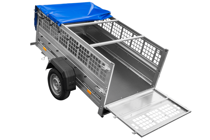 Rimorchio leggero 200x106 UNITRAILER GARDEN 200 KIPP con sponde in rete, telaio H-0 e copertura blu