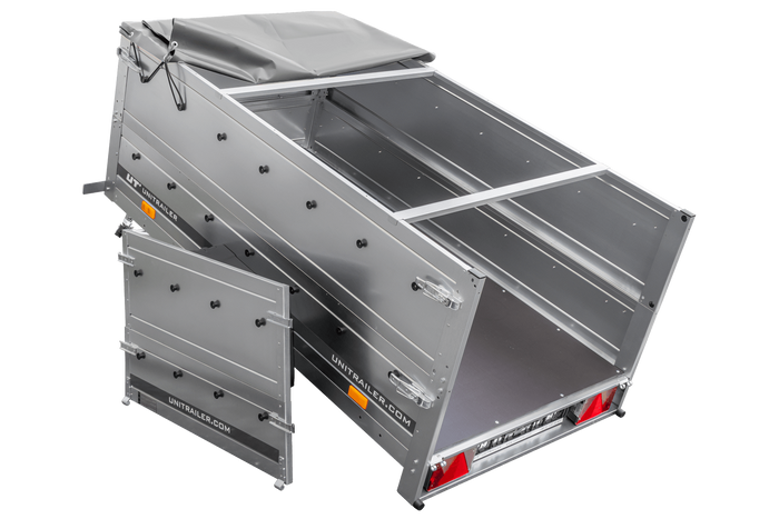 Rimorchio monoasse 200x106 UNITRAILER GARDEN 200 KIPP con sponde BIS, telaio H-0 e copertura grigia