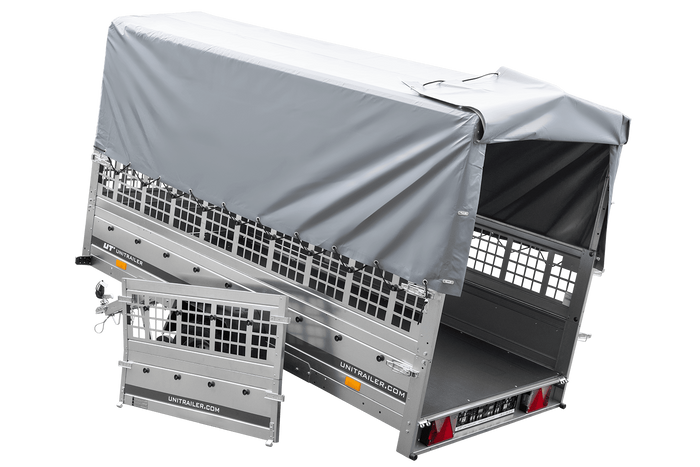 RIMORCHIO TRASPORTO COSE RIMORCHIO LEGGERO 750 KG UNITRAILER GARDEN TRAILER 264 KIPP CON SOVRASPONDE A RETE RUOTINO CENTINA E TELO GRIGIO