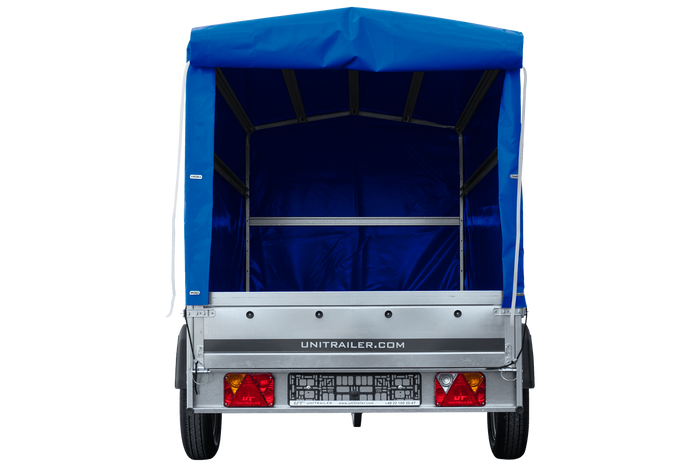 Rimorchio per auto 264x125 UNITRAILER GARDEN 264 KIPP con telaio H-1100 e copertura blu