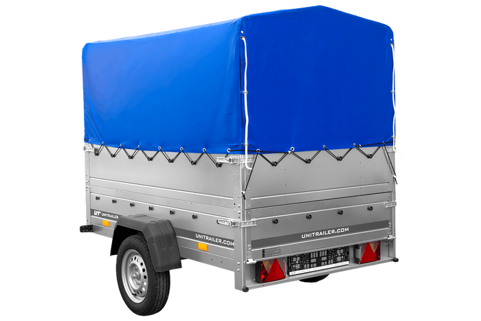 Rimorchio monoasse 200x125 UNITRAILER GARDEN 201 KIPP con sponde BIS, telaio H-800 e telo di copertura blu
