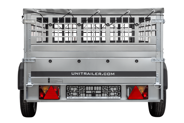 Rimorchio per auto 230x125 UNITRAILER GARDEN 230 KIPP con lati in rete e copertura grigia