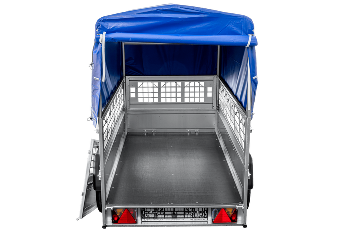 Rimorchio leggero 200x106 UNITRAILER GARDEN 200 KIPP con sponde in rete, telaio H-800 e telo di copertura blu