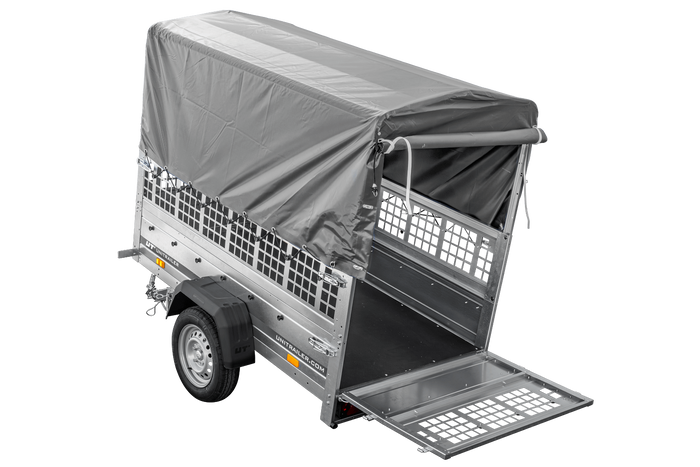 Rimorchio per auto 200x106 UNITRAILER GARDEN 200 KIPP con sponde in rete, telaio H-800 e copertura grigia