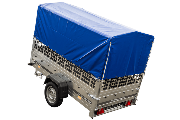 Rimorchio monoasse 230x125 UNITRAILER GARDEN 230 KIPP con sponde in rete, telaio H-800 e telone blu
