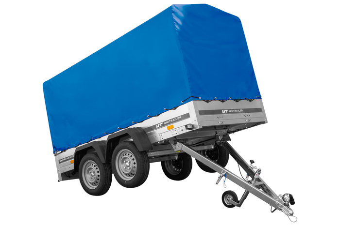Przyczepka dwuosiowa 264x125 UNITRAILER GARDEN 264/2 KIPP ze stelażem H-1100 i plandeką niebieską