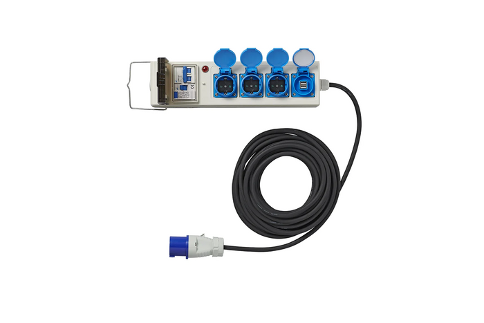 Prolunga da campeggio CEE con splitter ProPlus 373583DE, cavo da 10 m, 3 prese Schuko, 2 porte USB.