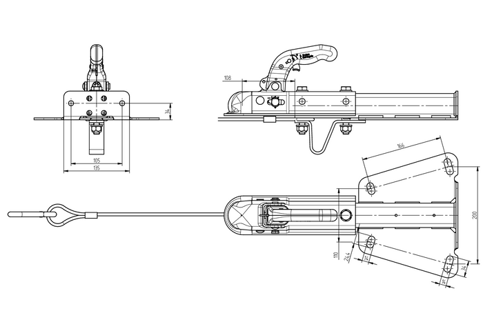 Gancio di traino KNOTT KQ14-A+KZE7.5 per rimorchio da 1400 kg con timone a V.