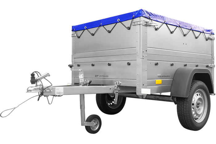 Rimorchio carrello leggero senza freni trasporto cose 750 kg Unitrailer Garden Trailer 150 kipp (new) con ruotino sovrasponde e telo blu