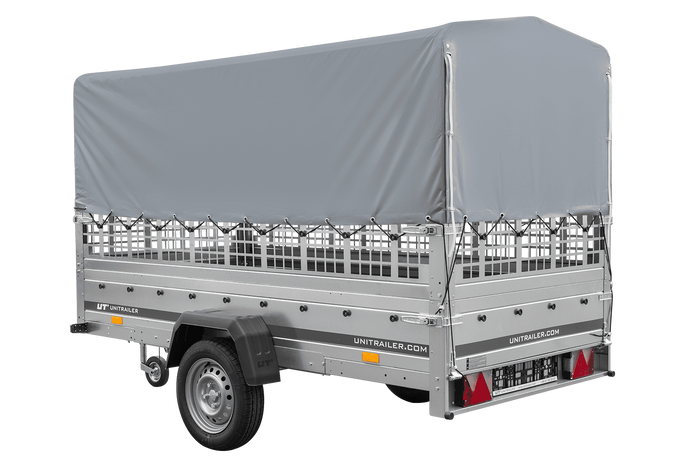RIMORCHIO TRASPORTO COSE RIMORCHIO LEGGERO 750 KG UNITRAILER GARDEN TRAILER 264 KIPP CON SOVRASPONDE A RETE RUOTINO CENTINA E TELO GRIGIO