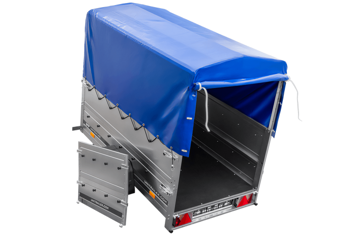 Rimorchio per auto 200x106 UNITRAILER GARDEN 200 KIPP con sponde BIS, telaio H-800 e telo di copertura blu