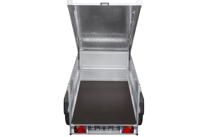 RIMORCHIO CARELLO TRASPORTO COSE RIMORCHIO LEGGERO 750 KG UNITRAILER GARDEN TRAILER 200 KIPP CON COPERCHIO IN ALLUMINIO SOVRASPONDE E RUOTINO D'APPOGGIO