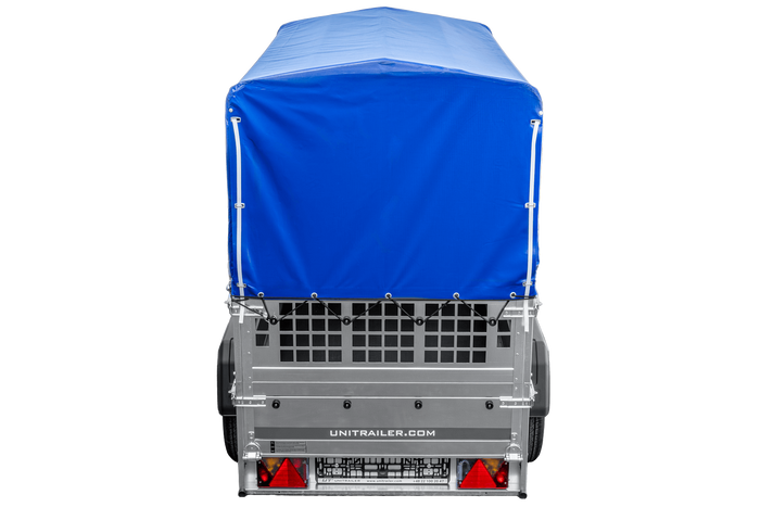 Rimorchio leggero 200x106 UNITRAILER GARDEN 200 KIPP con sponde in rete, telaio H-800 e telo di copertura blu