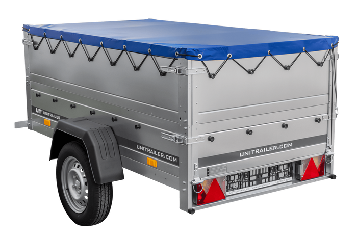 Rimorchio per auto 200x106 UNITRAILER GARDEN 200 KIPP con sponde BIS, telaio H-0 e copertura blu