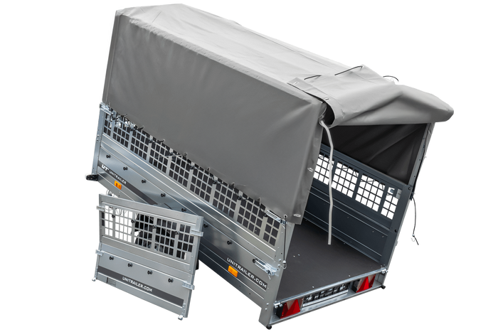 Rimorchio per auto 230x125 UNITRAILER GARDEN 230 KIPP con sponde in rete, telaio H-800 e copertura grigia