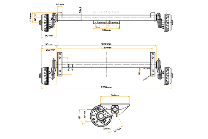 Assale frenato KNOTT VGB13-M per rimorchio/carrello portattrezzi 1350kg 1750mm 2250mm 5x112