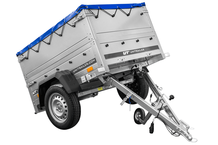 Rimorchio carrello leggero senza freni trasporto cose 750 kg Unitrailer Garden Trailer 150 kipp (new) con ruotino sovrasponde e telo blu