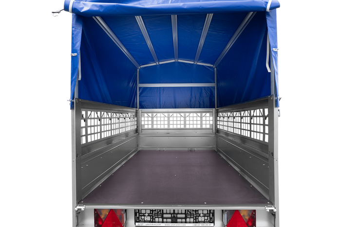 Rimorchio per auto 200x125 UNITRAILER GARDEN 201 KIPP con sponde in rete, telaio H-800 e telone grigio