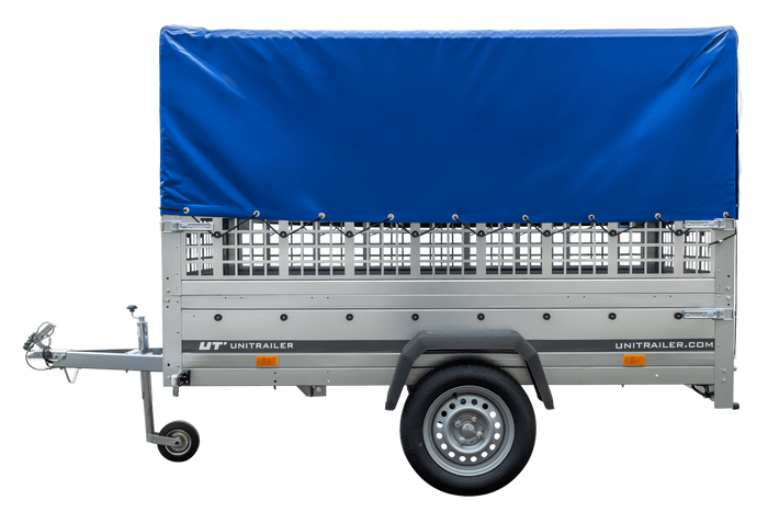 Rimorchio monoasse 230x125 UNITRAILER GARDEN 230 KIPP con sponde in rete, telaio H-800 e telone blu