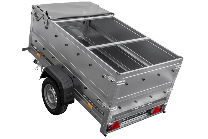 Rimorchio monoasse 200x106 UNITRAILER GARDEN 200 KIPP con sponde BIS, telaio H-0 e copertura grigia