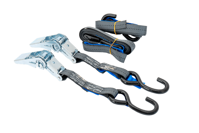 Set di due cinghie di trasporto HILLS da 3 m/25 mm/1 t con tenditore e due imbracature da 0,45 m per il fissaggio della motocicletta