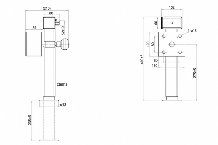 Supporto a manovella estensibile UNITRAILER JL2 per rimorchio pianale da 1300 kg, 410-645 mm