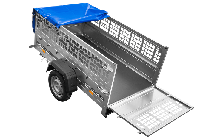 Rimorchio monoasse 200x106 UNITRAILER GARDEN 200 KIPP con sponde in rete e telone blu