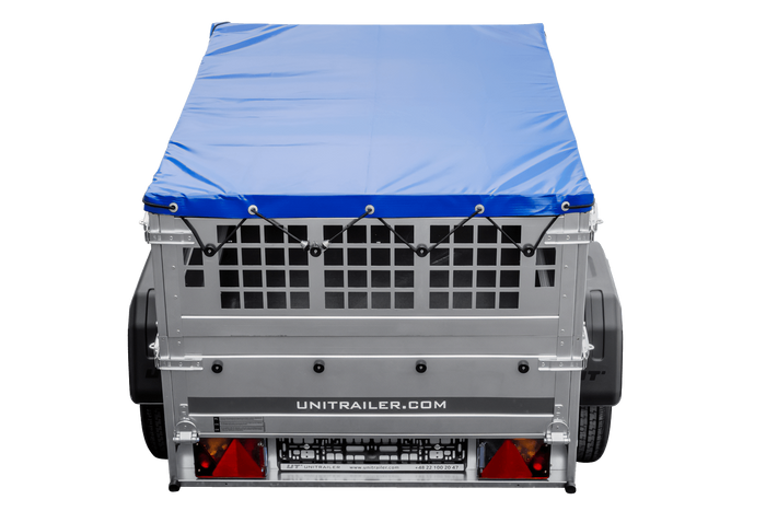 Rimorchio per auto 150x106 UNITRAILER GARDEN 150 KIPP con lati in rete e copertura blu