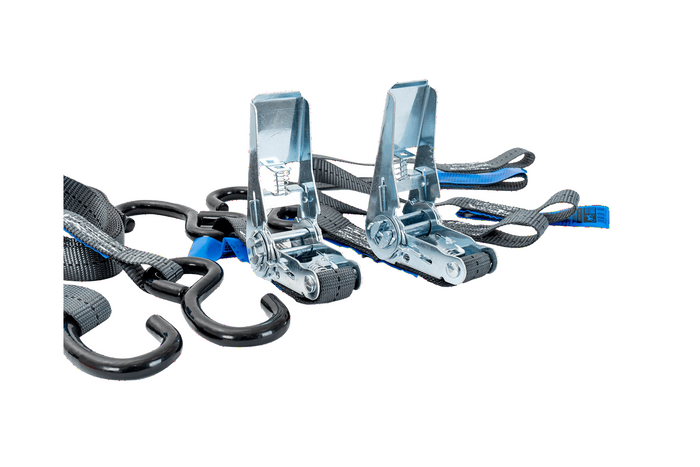 Set di due cinghie di trasporto HILLS da 3 m/25 mm/1 t con tenditore e due imbracature da 0,45 m per fissare la motocicletta.