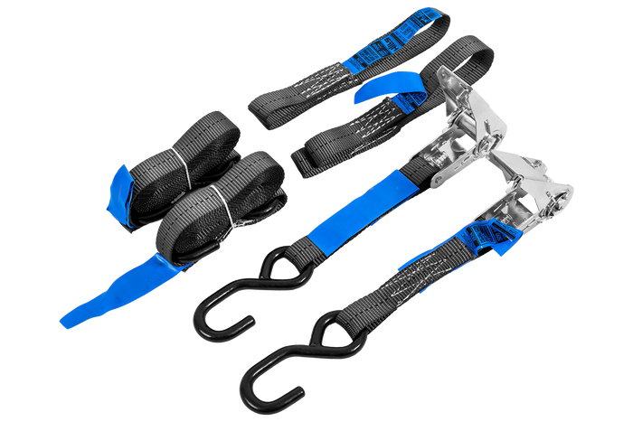 Set di due cinghie di trasporto HILLS da 3 m/25 mm/1 t con tenditore e due imbracature da 0,45 m per fissare la motocicletta.