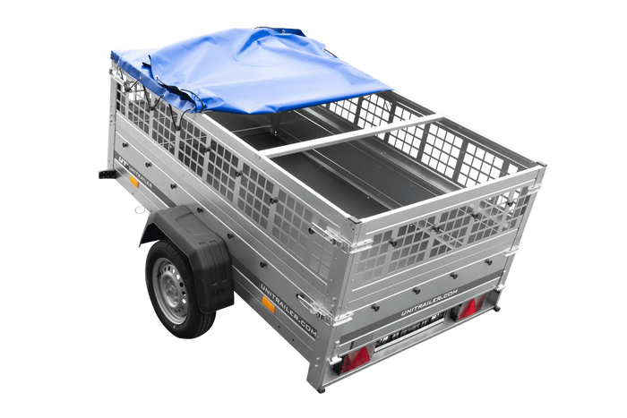 Rimorchio monoasse 200x125 UNITRAILER GARDEN 201 KIPP con sponde in rete, telaio H-0 e telone blu