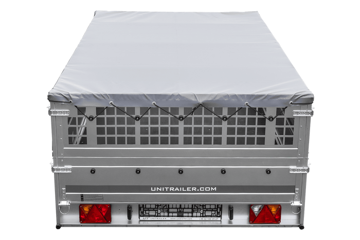 Rimorchio leggero su molle 264x150 UNITRAILER GARDEN 265/R KIPP con sponde in rete, telaio H-0 e copertura grigia