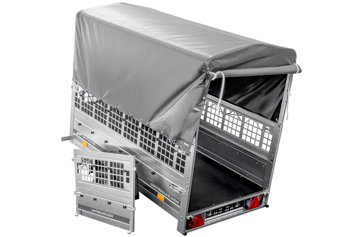 Rimorchio per auto 200x106 UNITRAILER GARDEN 200 KIPP con sponde in rete, telaio H-800 e copertura grigia