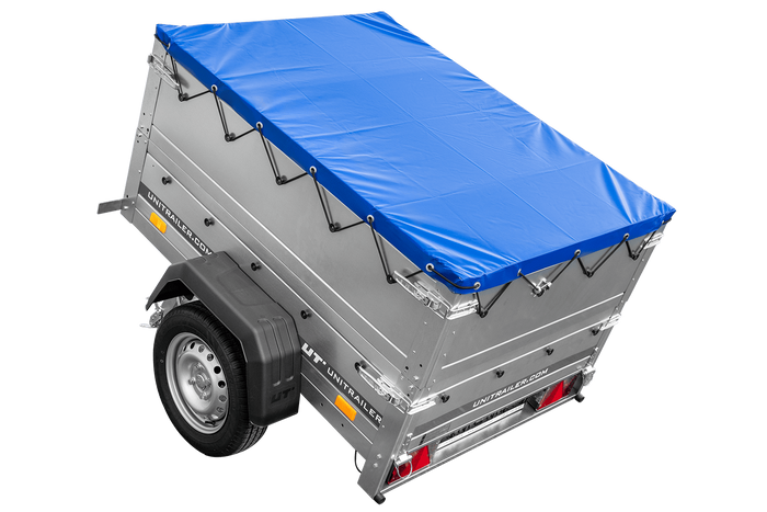 Rimorchio carrello leggero senza freni trasporto cose 750 kg Unitrailer Garden Trailer 150 kipp (new) con ruotino sovrasponde e telo blu
