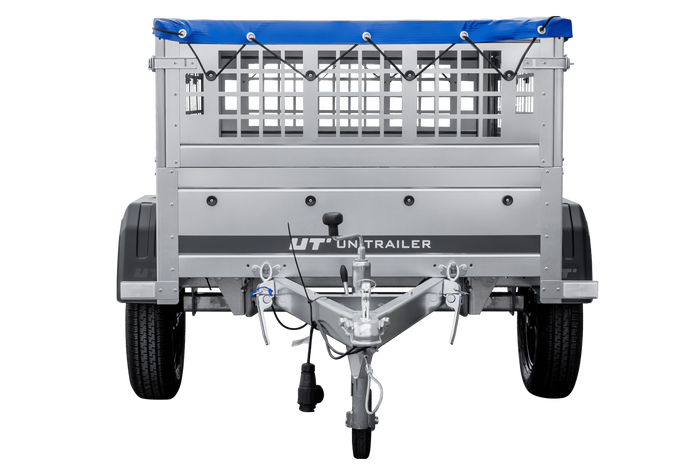 Rimorchio per auto 150x106 UNITRAILER GARDEN 150 KIPP con lati in rete e copertura blu